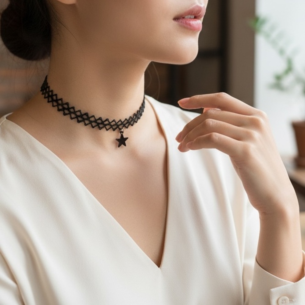 Black Star Charm Lace Choker Necklace Y2K fashion